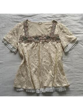 Axes Femme Cream Lace Babydoll Top Embroidered Floral Himekaji Mori Kei M Japan
